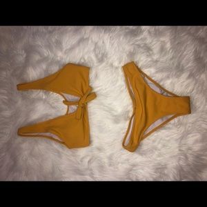 Yellow ribbed tie front bikini set